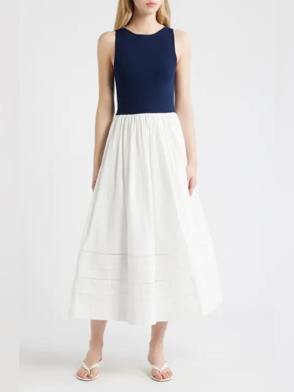 Tuckernuck Moon River Navy & White Mixed Media Midi Dress NWT size M